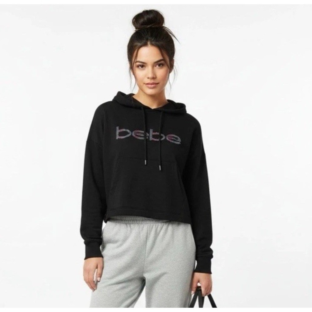 Bebe Sport Hoodie Womens XL Black Cropped Rainbow‎ Logo Pullover Y2K Athleisure